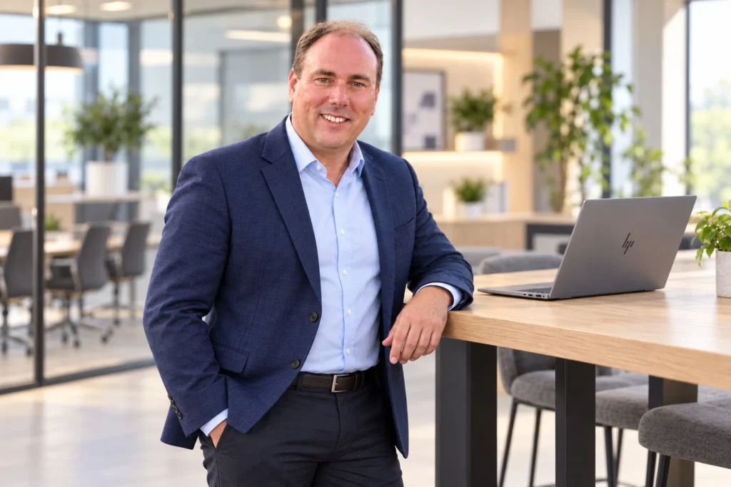 Mark Hiddinga, eigenaar en ICT-adviseur van Phichique, aan een statafel